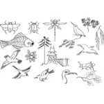 Vektori kuva hyönteisiä ja lintuja perus sarjakuva setti